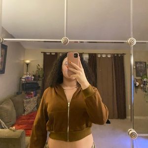 brown cropped zip up jacket